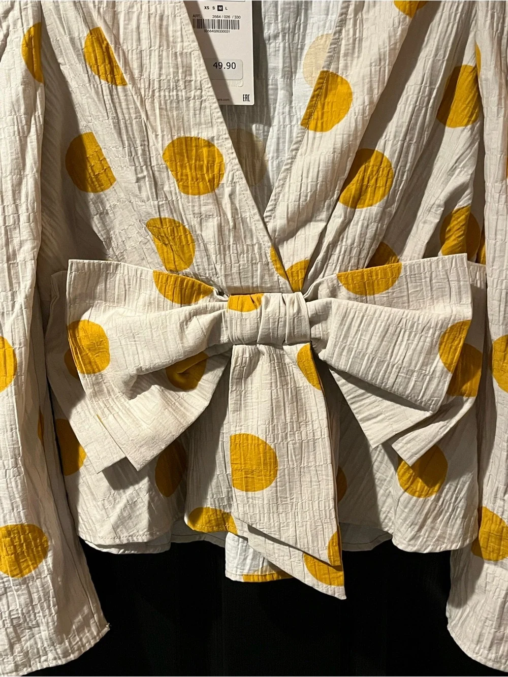 NEW Zara Cream Top with Yellow Polka Dots and Oversized snow Accent NWT